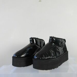 UGG Plush Platform Ankle Boots Women 11 Black Wool Mini Ultra Patent Y2K 942